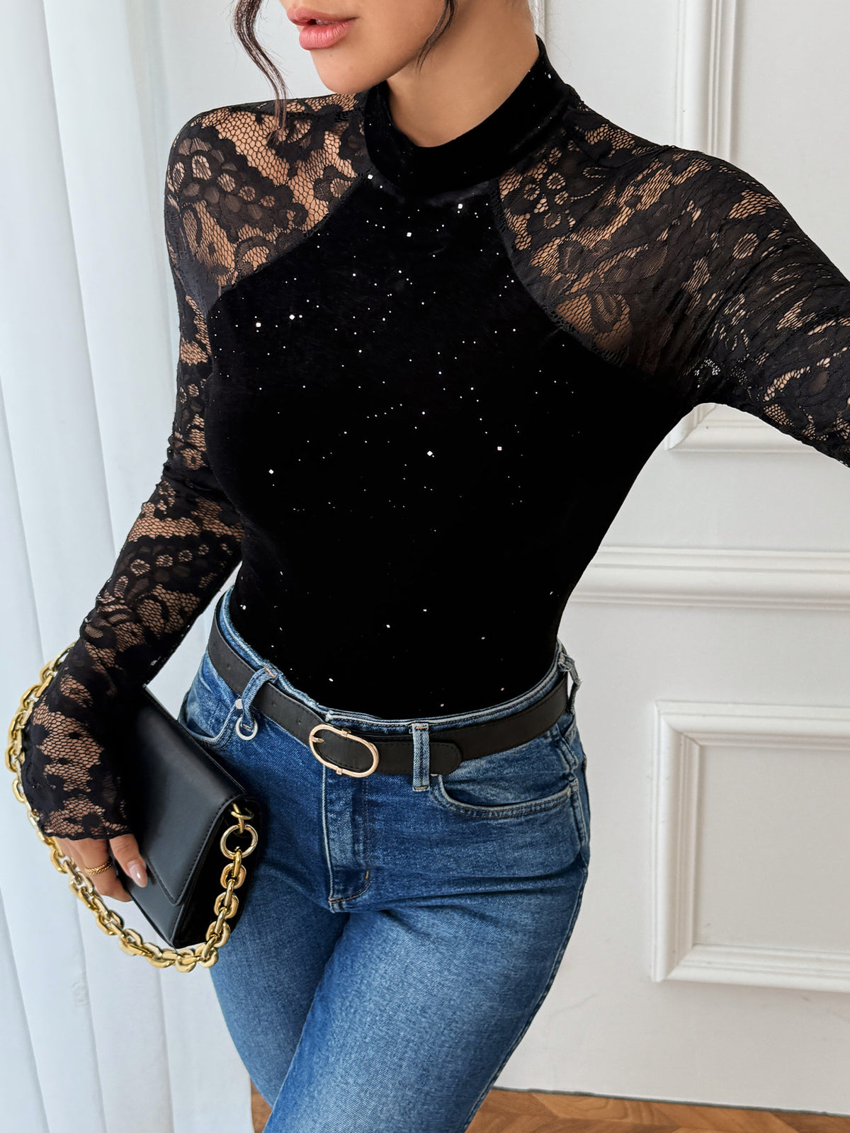 Sparkle Velvet Lace Sleeve Mock Neck Bodysuit - Black - 3