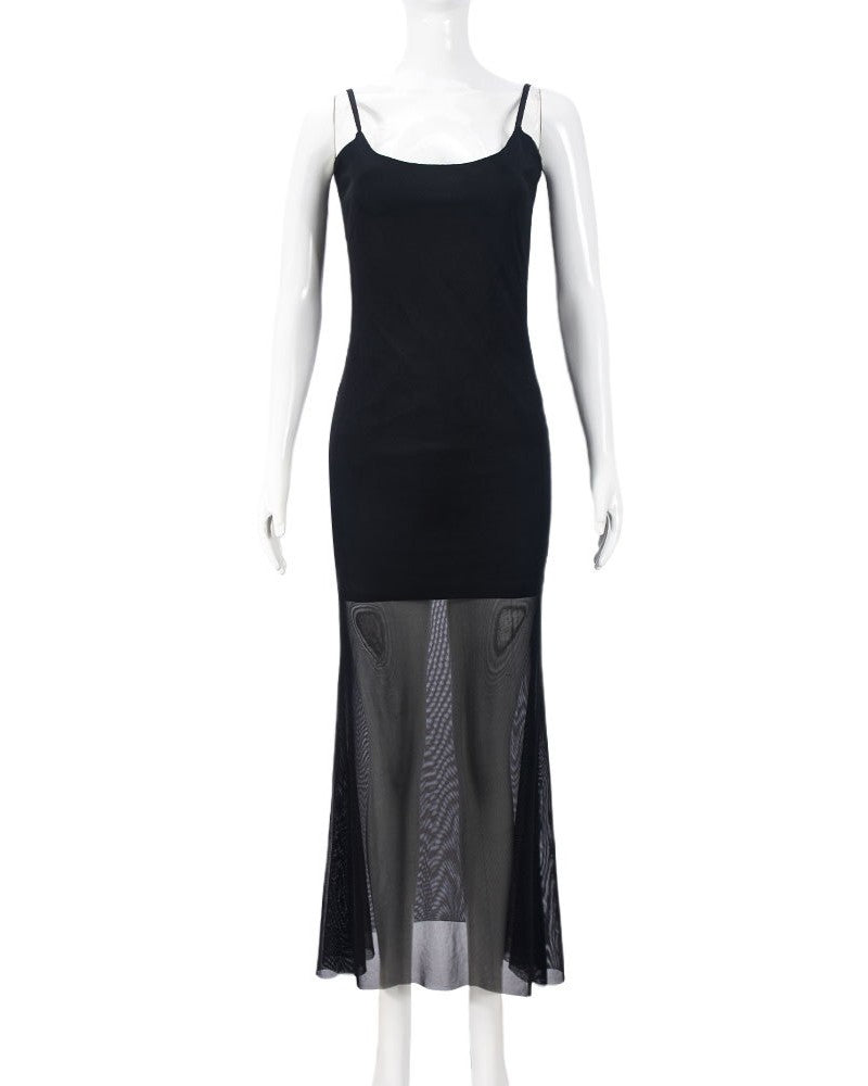 Mesh Panel Slip Maxi Party Dress - Black - 1