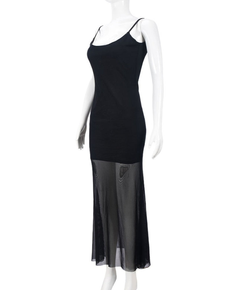 Mesh Panel Slip Maxi Party Dress - Black - 2