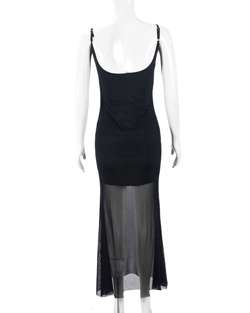 Mesh Panel Slip Maxi Party Dress - Black - 3