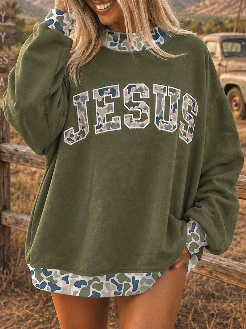 Oversized Western Graphic Sweatshirt with Print Trim - Camo