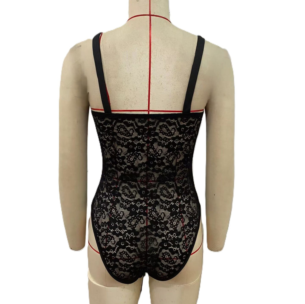 Lace Panel Ruched Cami Bodysuit - Black - 1