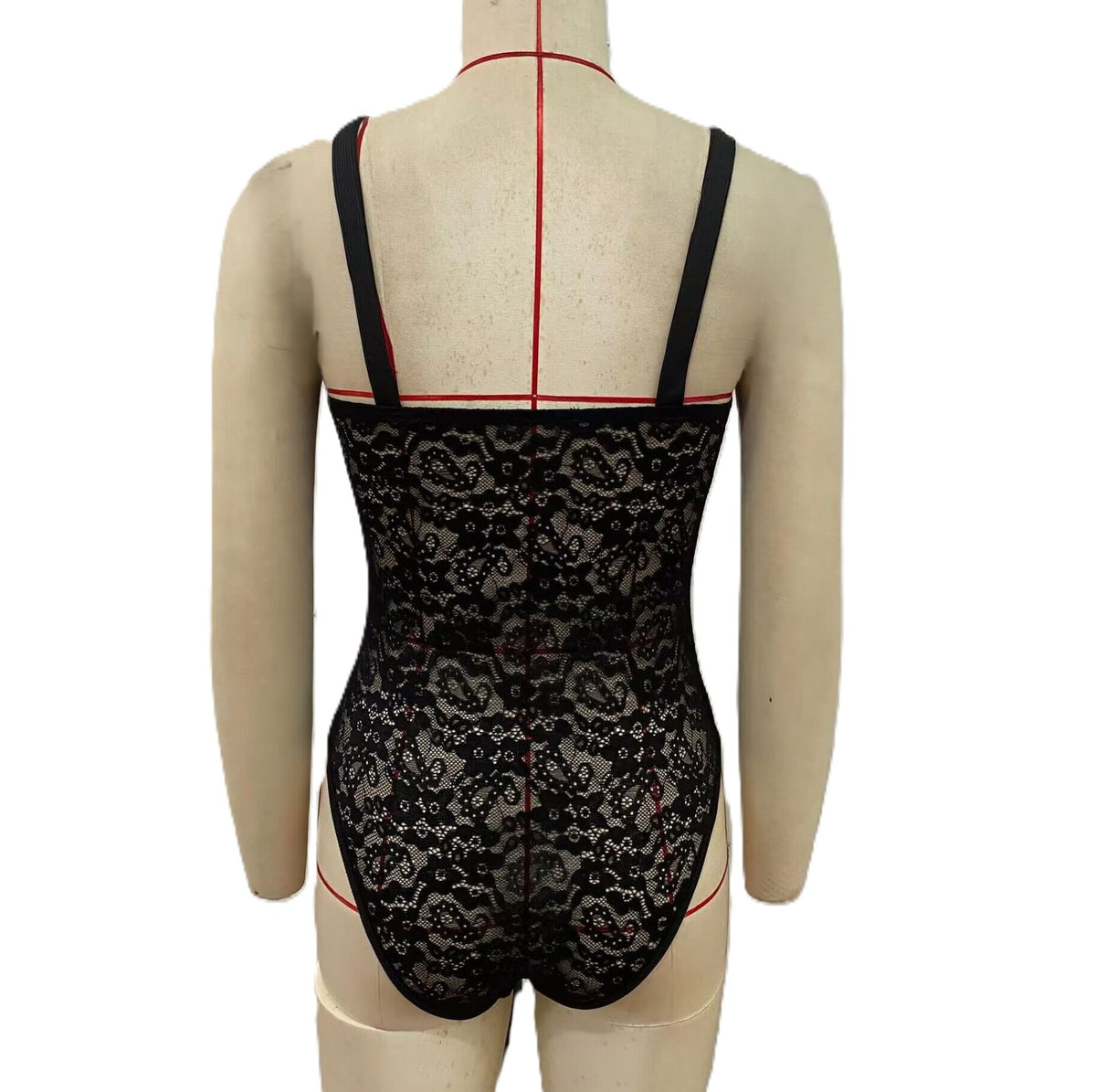 Lace Panel Ruched Cami Bodysuit - Black - 1