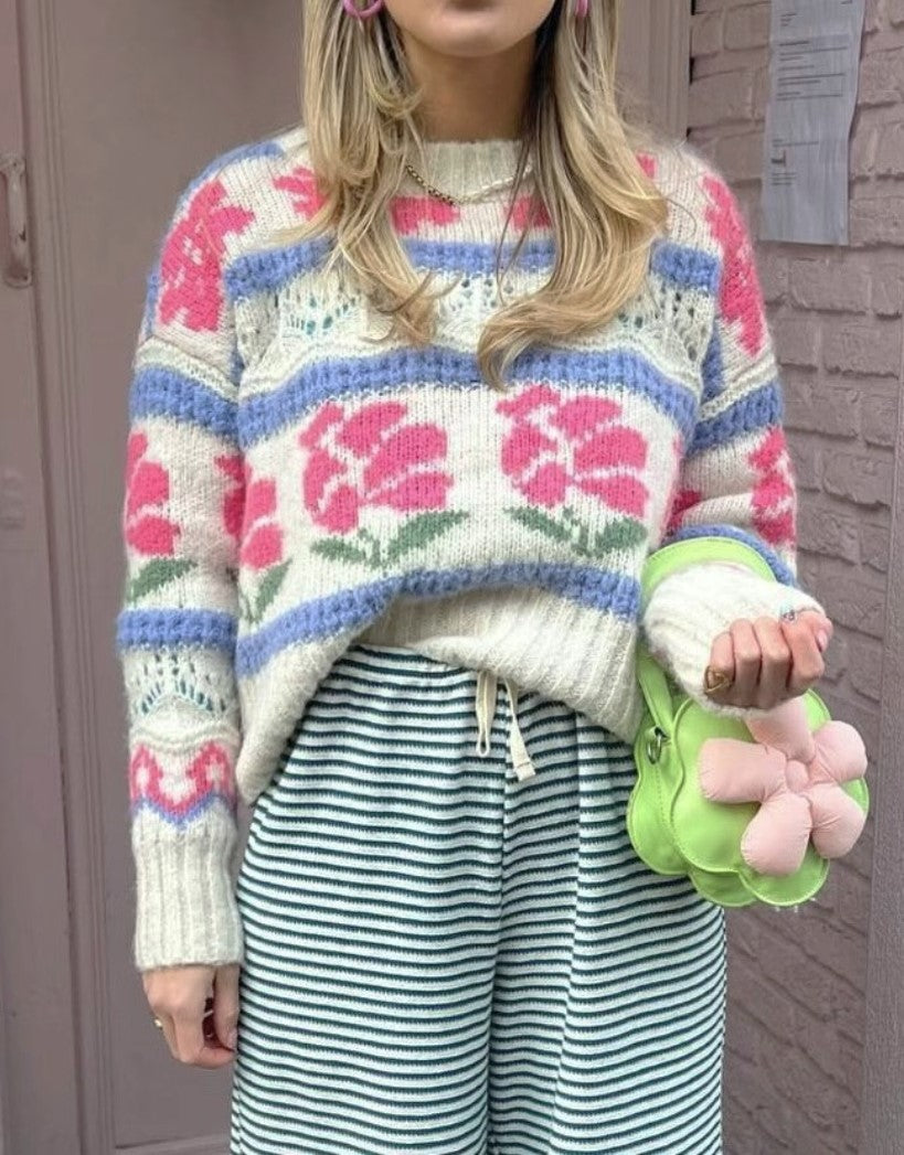 Tulip Motif Fair Isle Knit Sweater - Floral