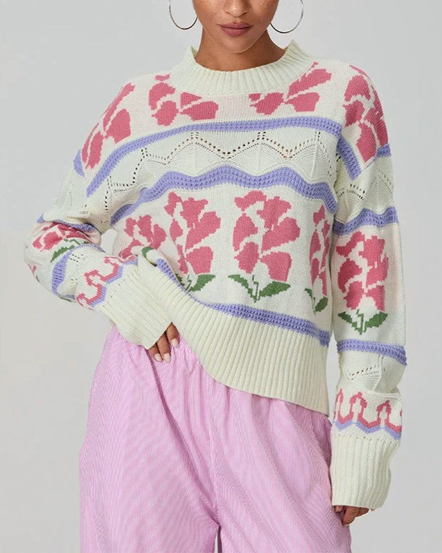 Tulip Motif Fair Isle Knit Sweater - Floral - 1