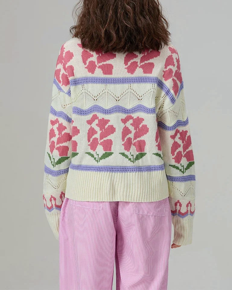 Tulip Motif Fair Isle Knit Sweater - Floral - 2