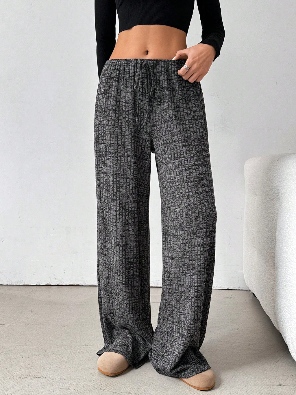 Drawstring Waist Wide Leg Lounge Pants - Black
