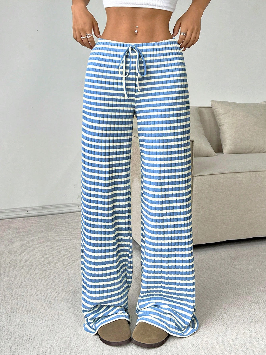 Drawstring Waist Wide Leg Lounge Pants - Blue