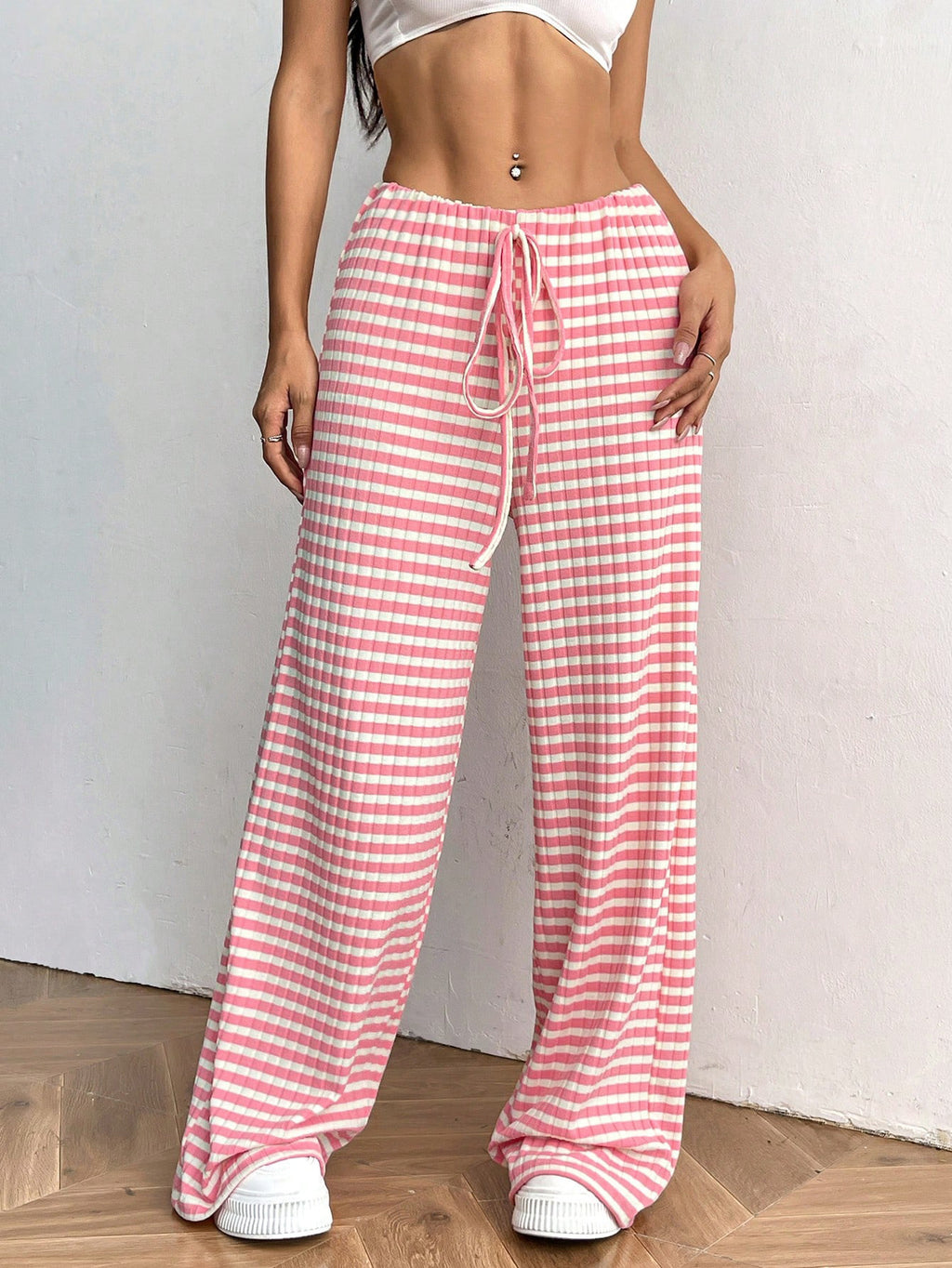 Drawstring Waist Wide Leg Lounge Pants - Pink