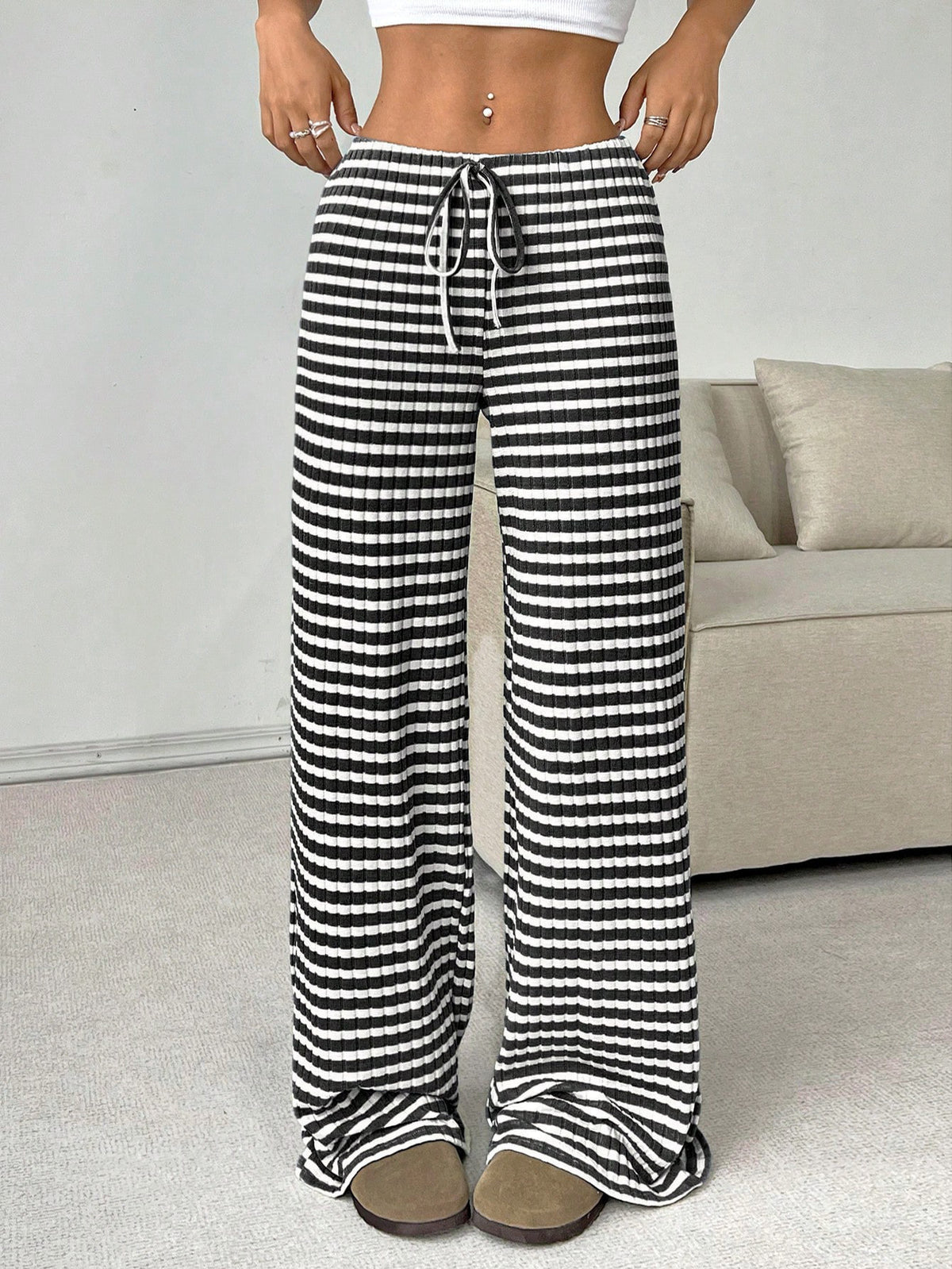 Drawstring Waist Wide Leg Lounge Pants - Stripes
