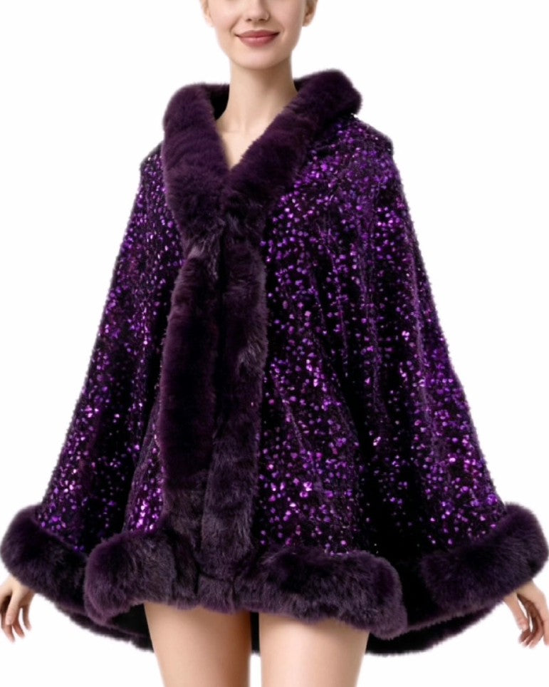 Sequin Hooded Cape With Faux Fur Trim - Purple