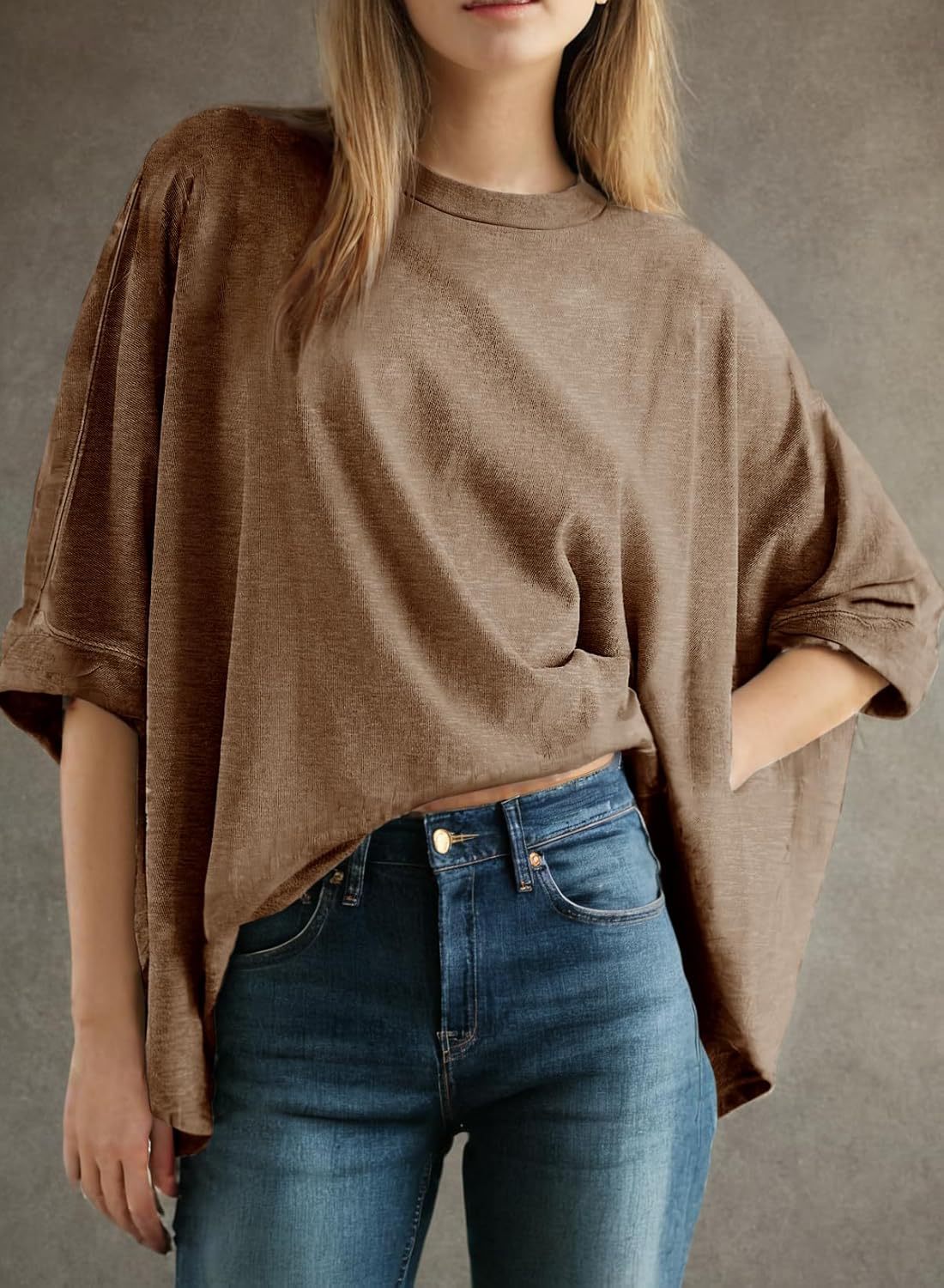 Oversized Drop Shoulder Batwing Tee - Coffee