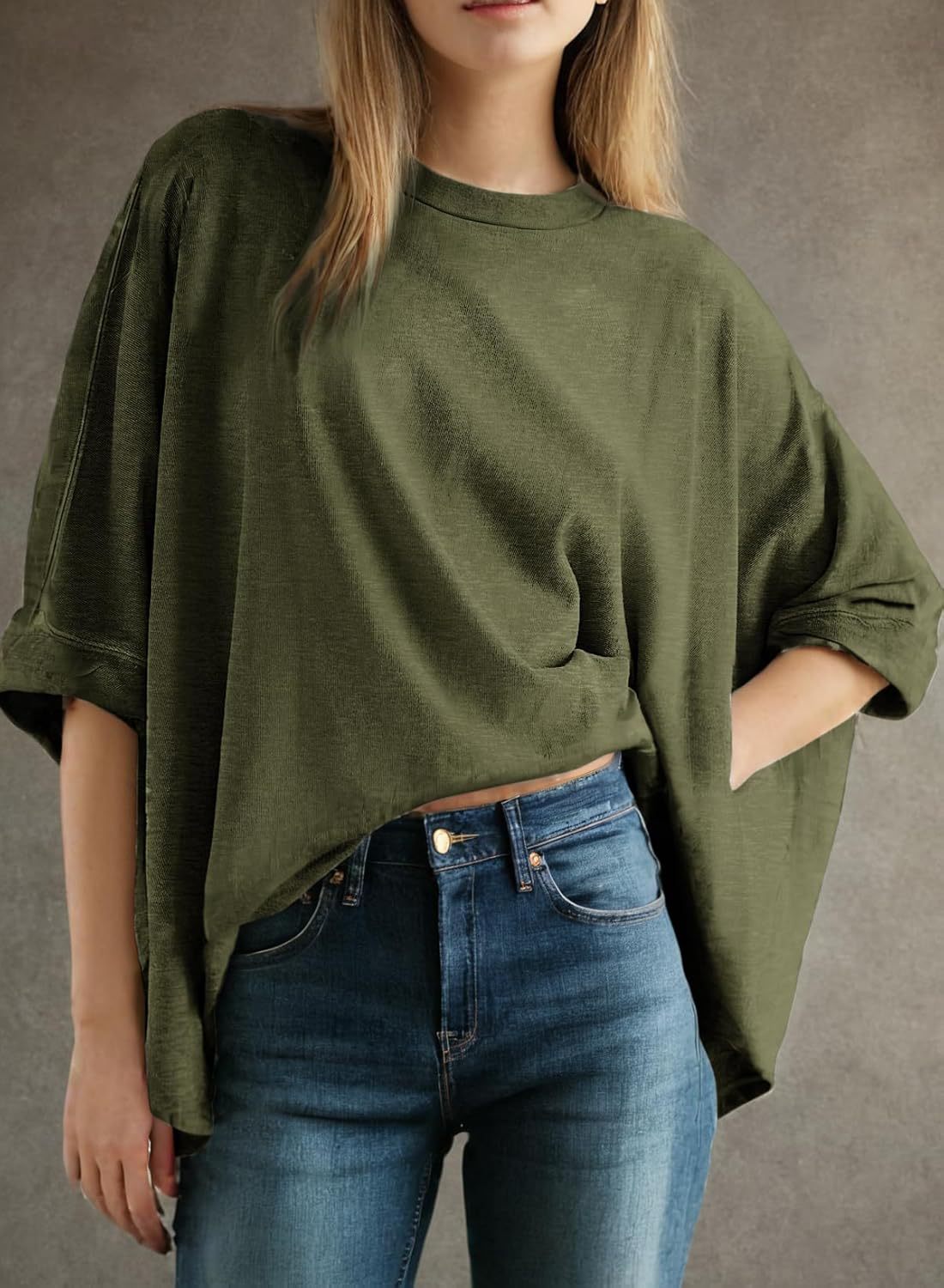 Oversized Drop Shoulder Batwing Tee - DkGreen