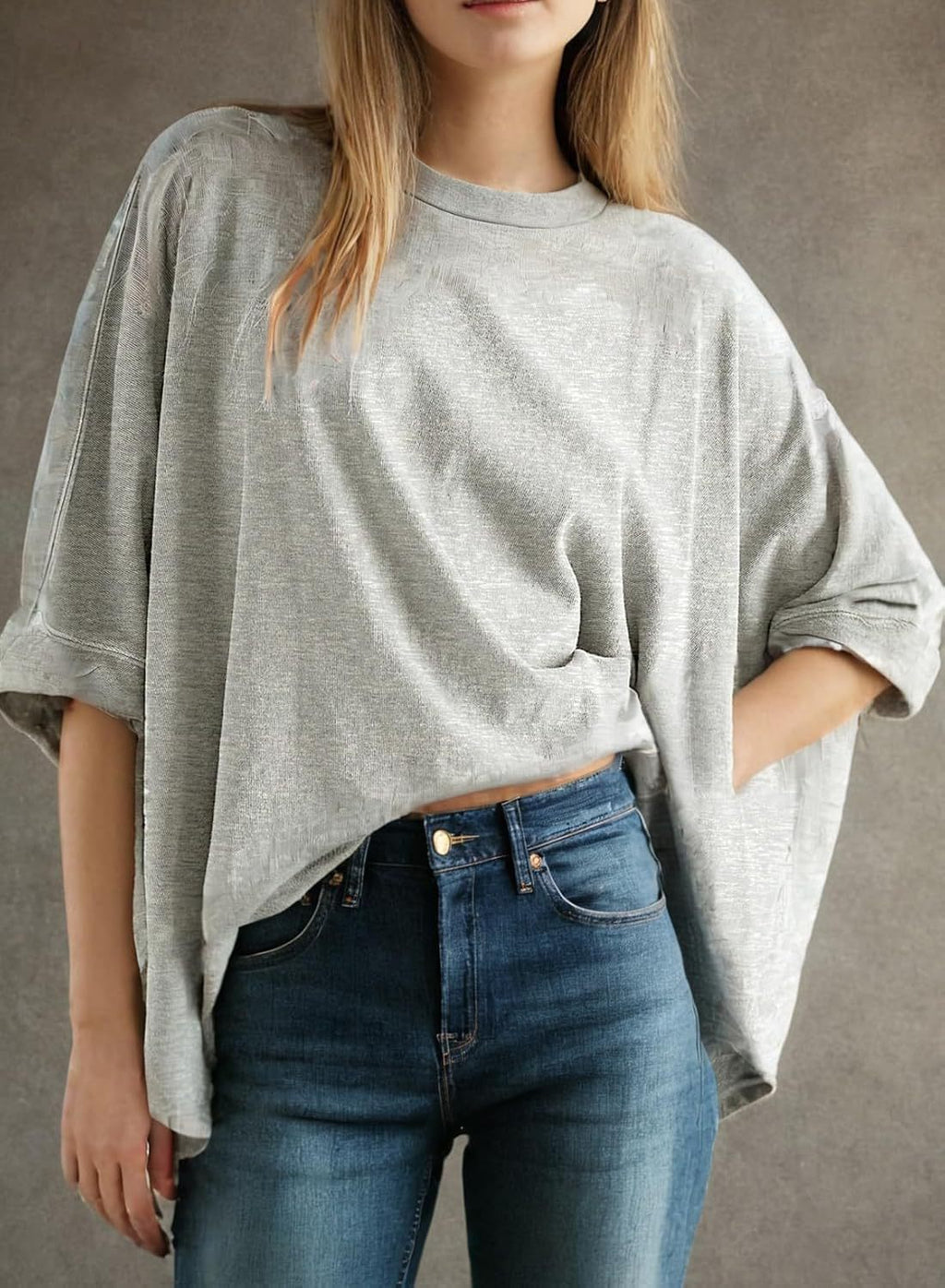 Oversized Drop Shoulder Batwing Tee - Gray