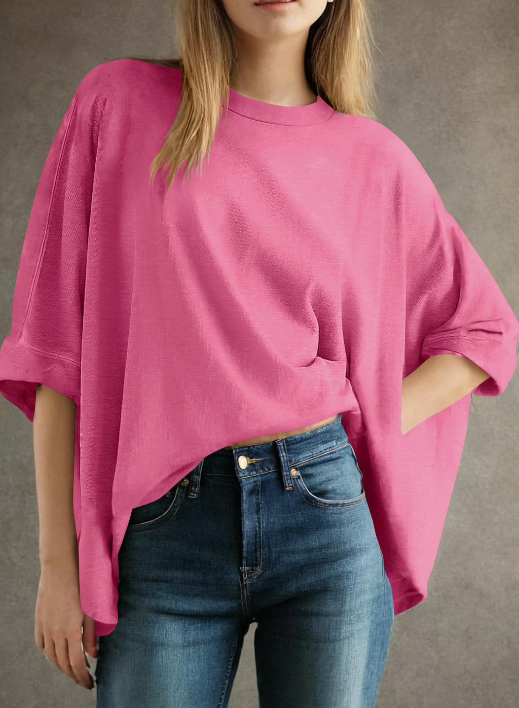 Oversized Drop Shoulder Batwing Tee - RoseRed