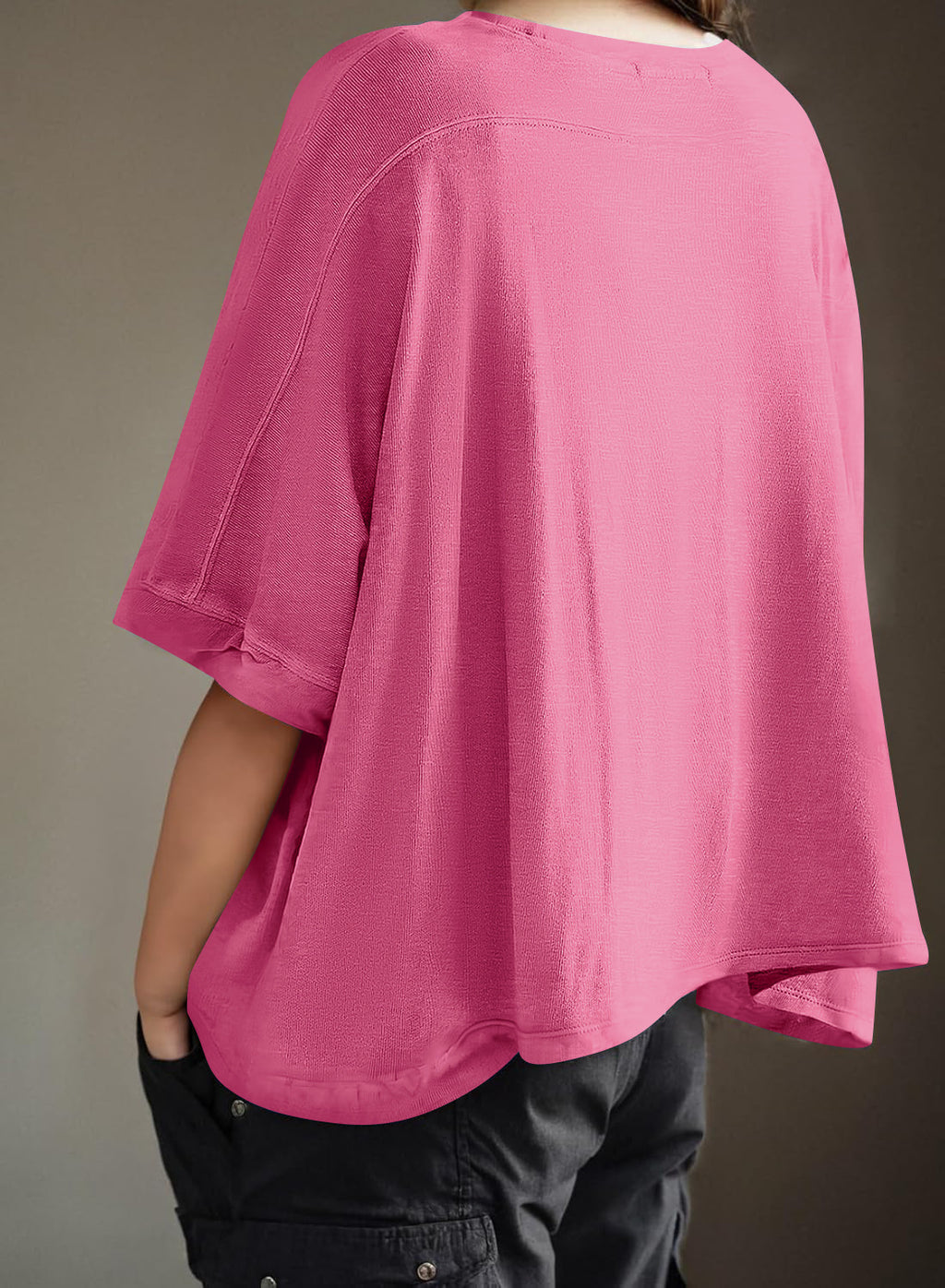Oversized Drop Shoulder Batwing Tee - RoseRed - 3