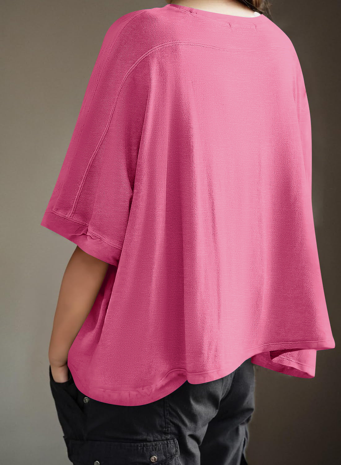 Oversized Drop Shoulder Batwing Tee - RoseRed - 3