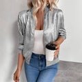 Metallic Sheen Zip Front Bomber Jacket - Grey