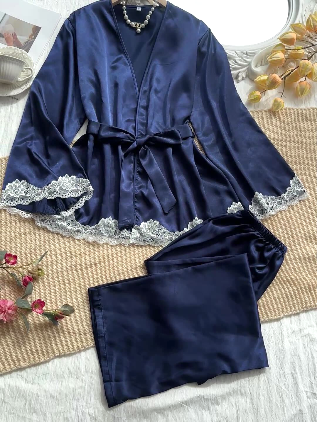 Satin Kimono Robe and Pant Lounge Set - NavyBlue - 1