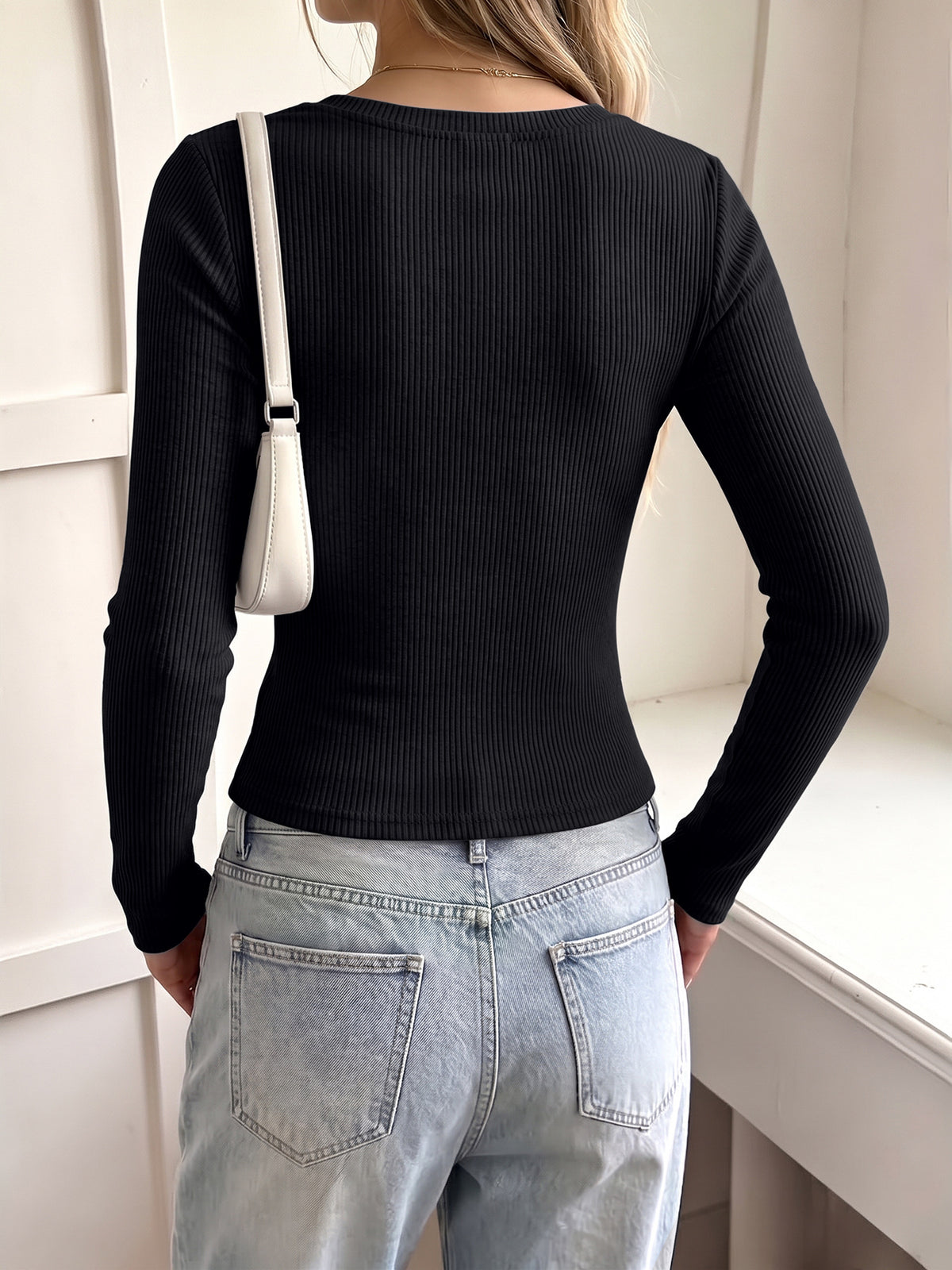 Lace Trim V Neck Ribbed Henley Long Sleeve Top - Black - 1