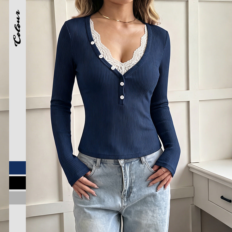 Lace Trim V Neck Ribbed Henley Long Sleeve Top - Navy