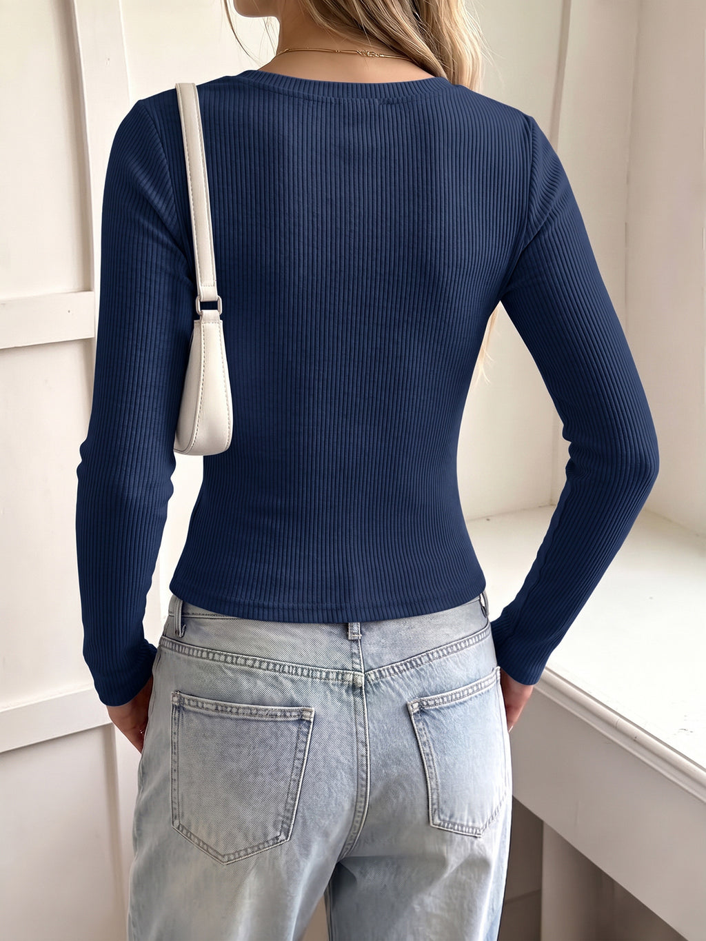Lace Trim V Neck Ribbed Henley Long Sleeve Top - Navy - 1