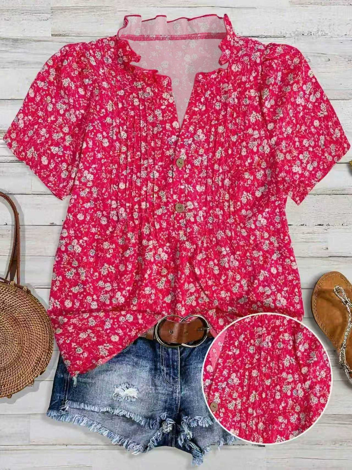 Fuchsia Floral Frill Neck Blouse - Fuchsia