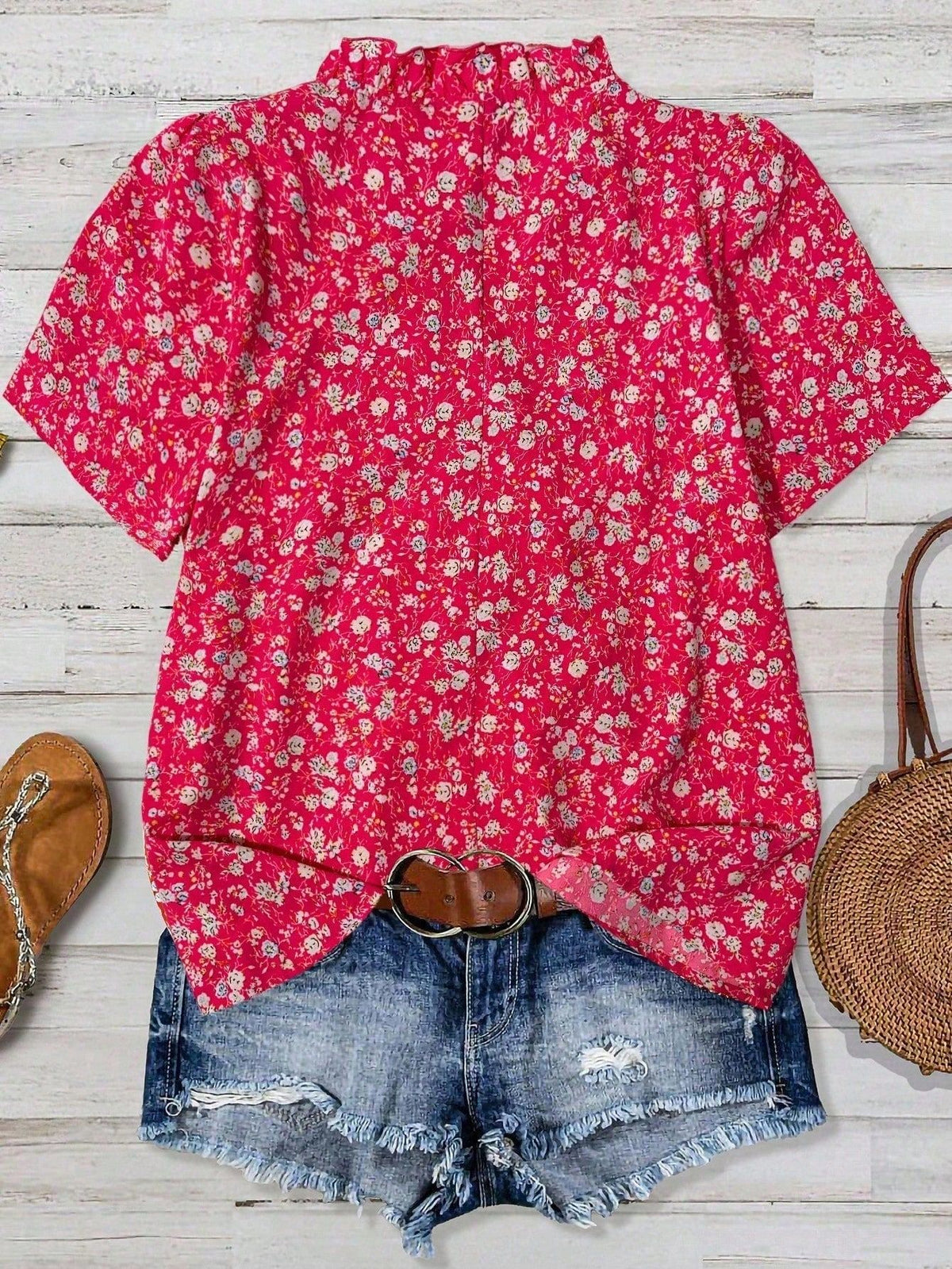 Fuchsia Floral Frill Neck Blouse - Fuchsia - 1