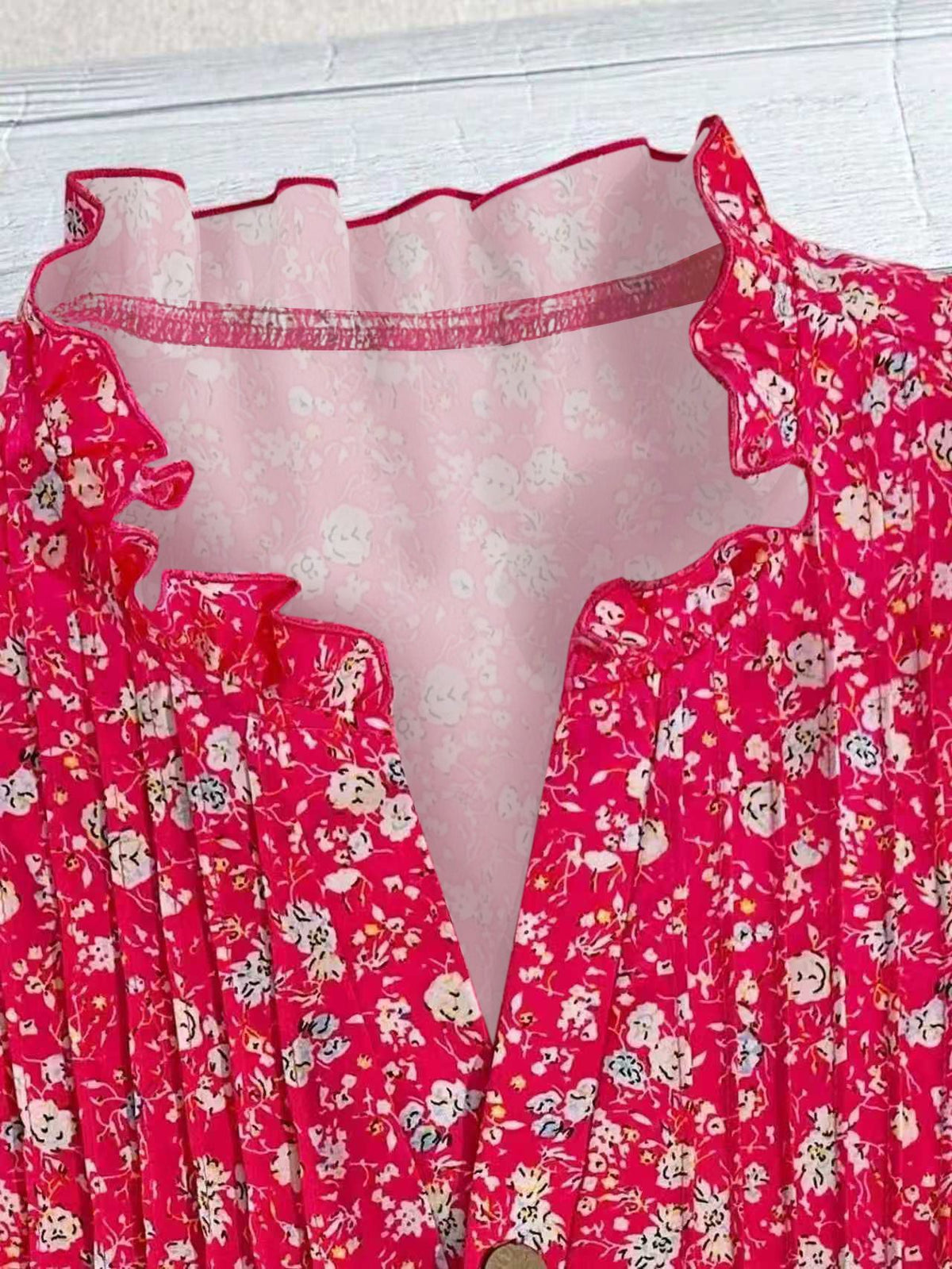 Fuchsia Floral Frill Neck Blouse - Fuchsia - 2