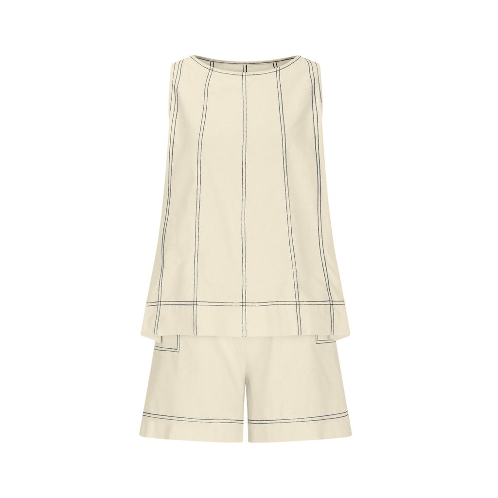 Hemp Blend Topstitch Tank And Short Set - Apricot