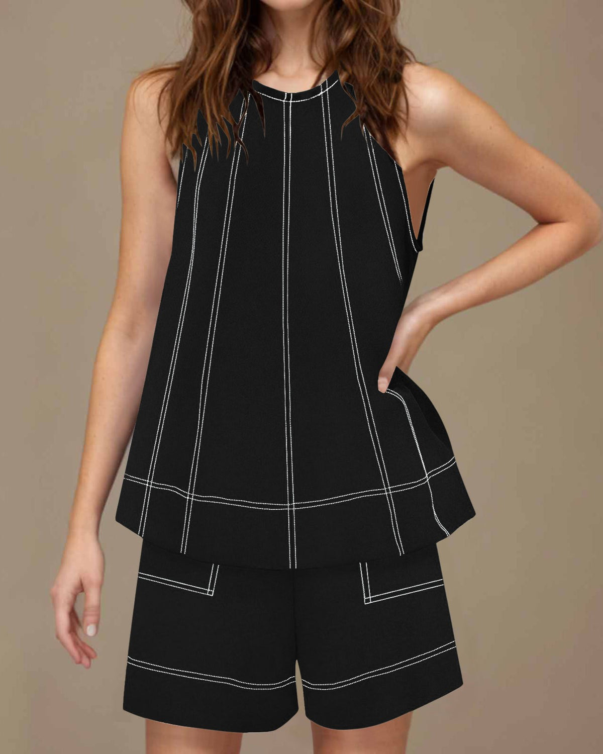 Hemp Blend Topstitch Tank And Short Set - Black