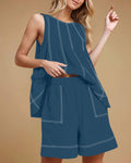 Hemp Blend Topstitch Tank And Short Set - Navy