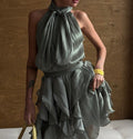 Shimmer Tie Neck Halter Ruffle Mini Dress - Sage Green