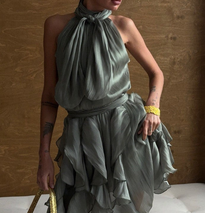 Shimmer Tie Neck Halter Ruffle Mini Dress - Sage Green