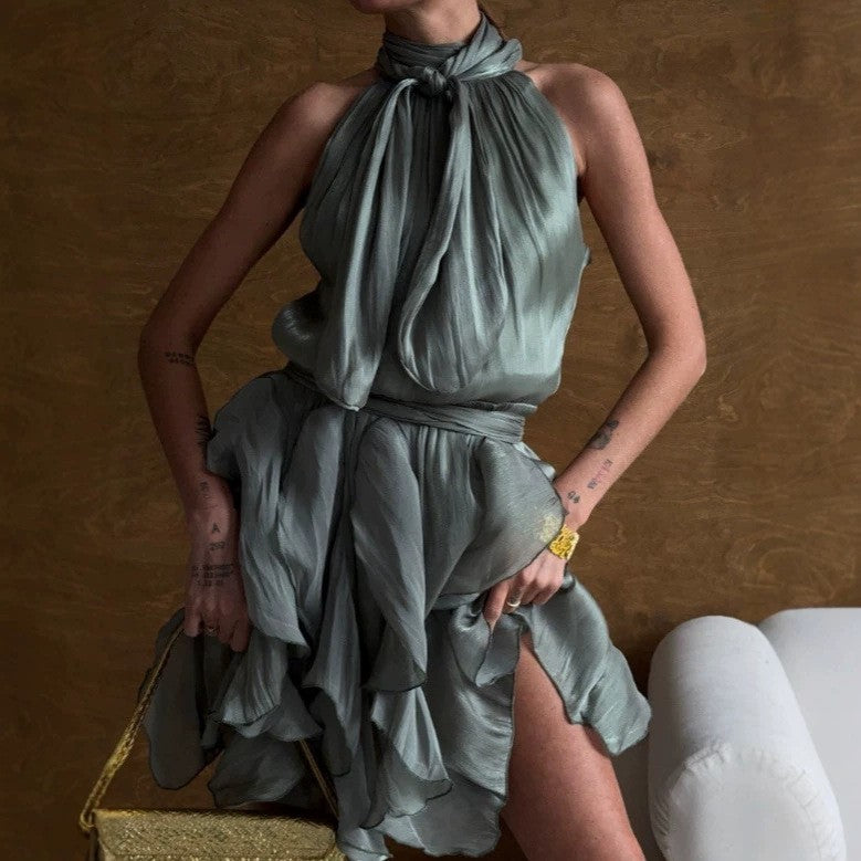 Shimmer Tie Neck Halter Ruffle Mini Dress