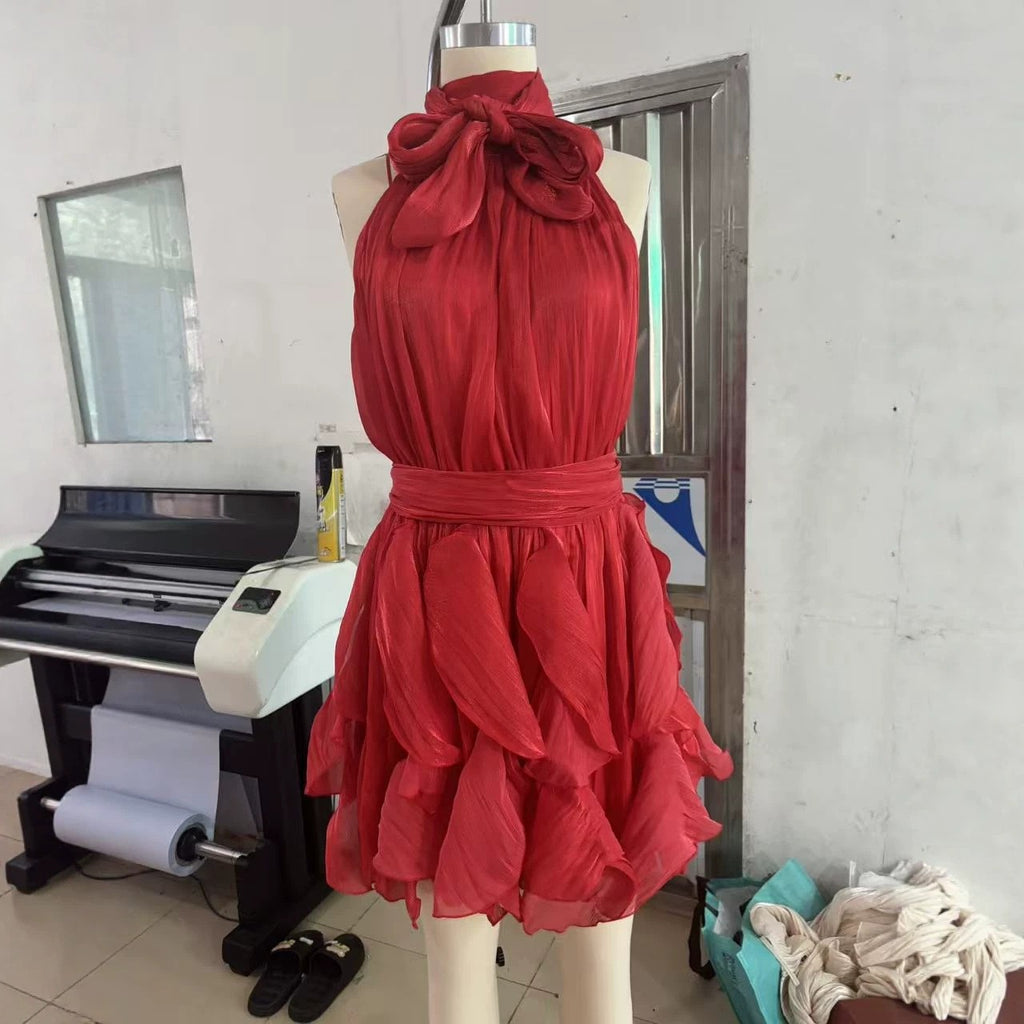 Shimmer Tie Neck Halter Ruffle Mini Dress