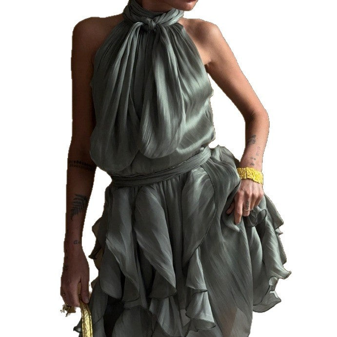 Shimmer Tie Neck Halter Ruffle Mini Dress