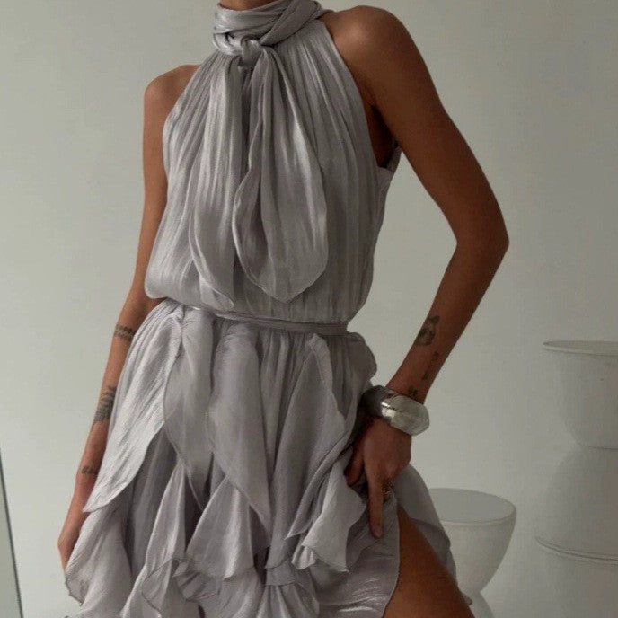 Shimmer Tie Neck Halter Ruffle Mini Dress