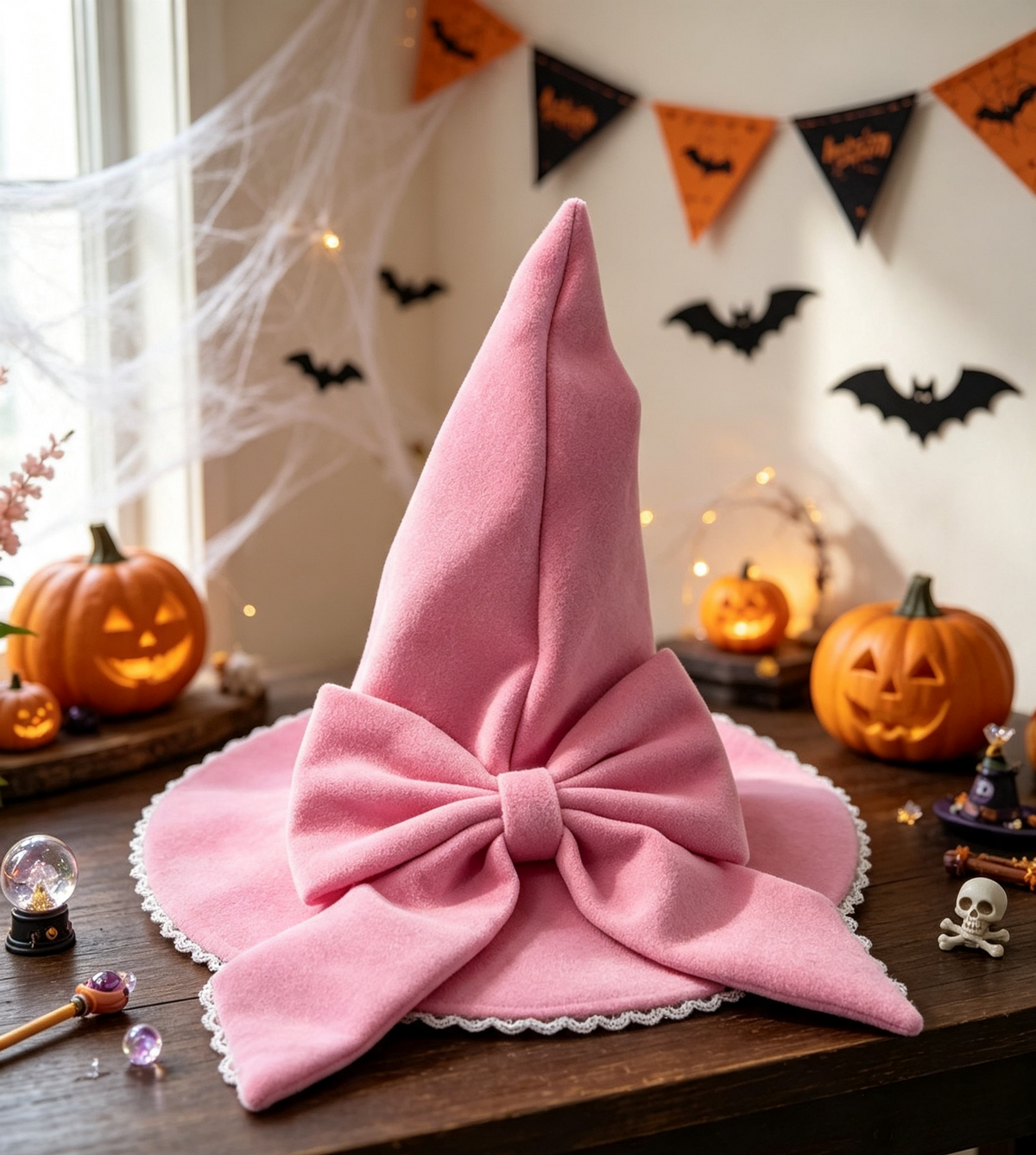 Oversized Bow Felt Wizard Hat With Lace - Pink