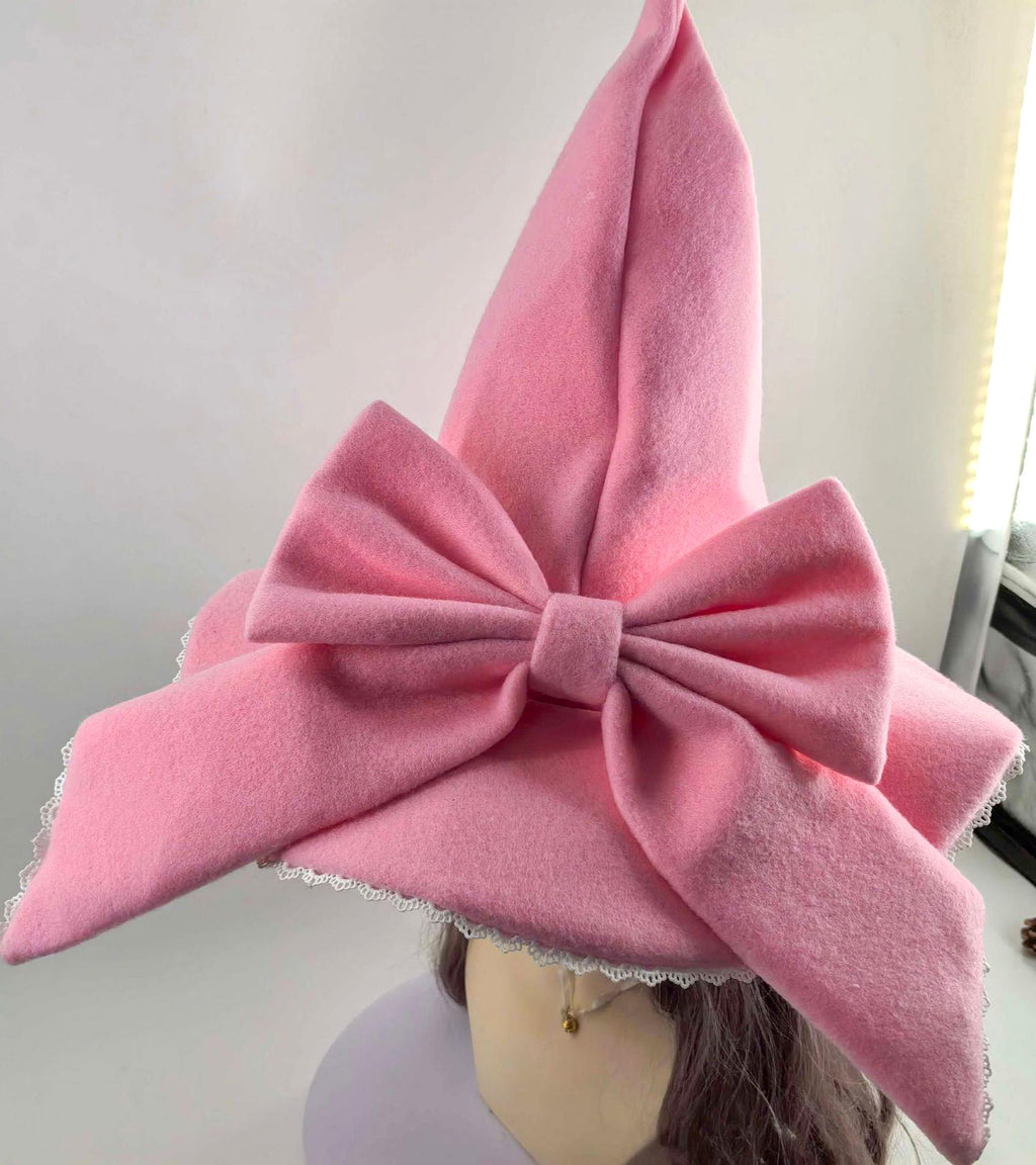 Oversized Bow Felt Wizard Hat With Lace - Pink - 2