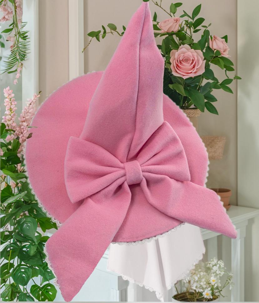 Oversized Bow Felt Wizard Hat With Lace - Pink - 4