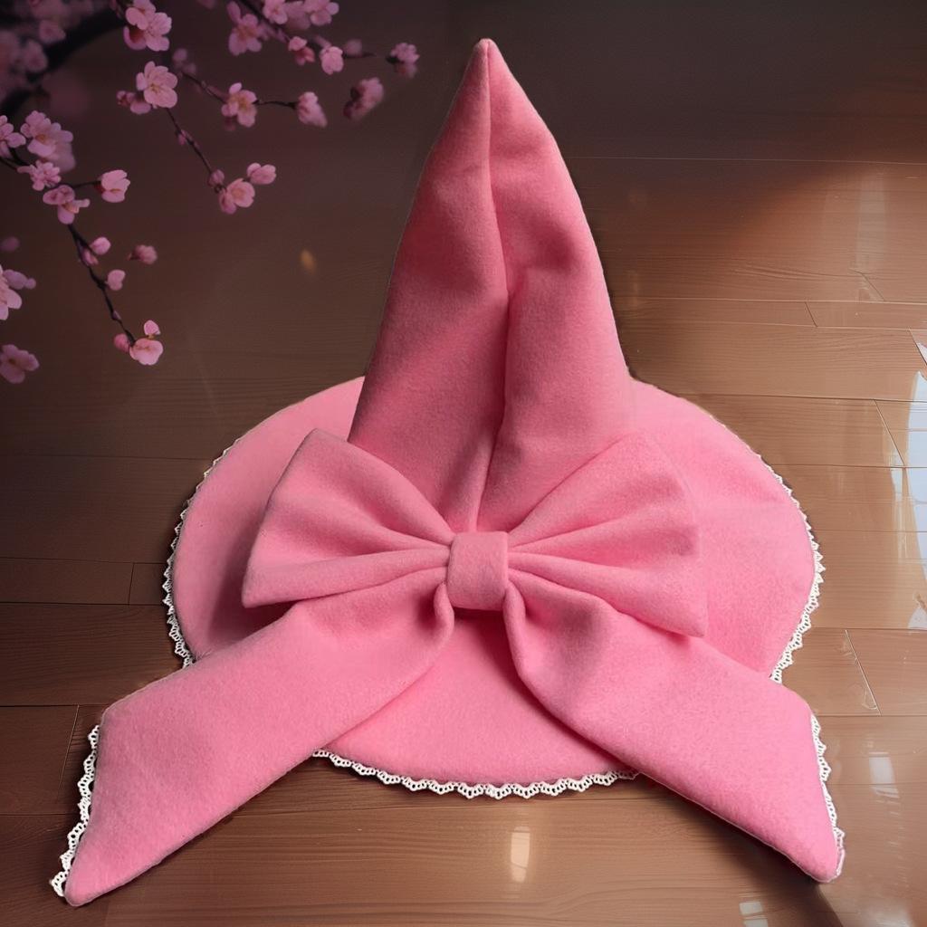 Oversized Bow Felt Wizard Hat With Lace - Pink - 6