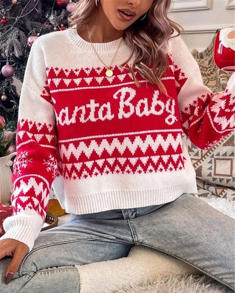 Santa Baby Slogan Fair Isle Knit Pullover - Red