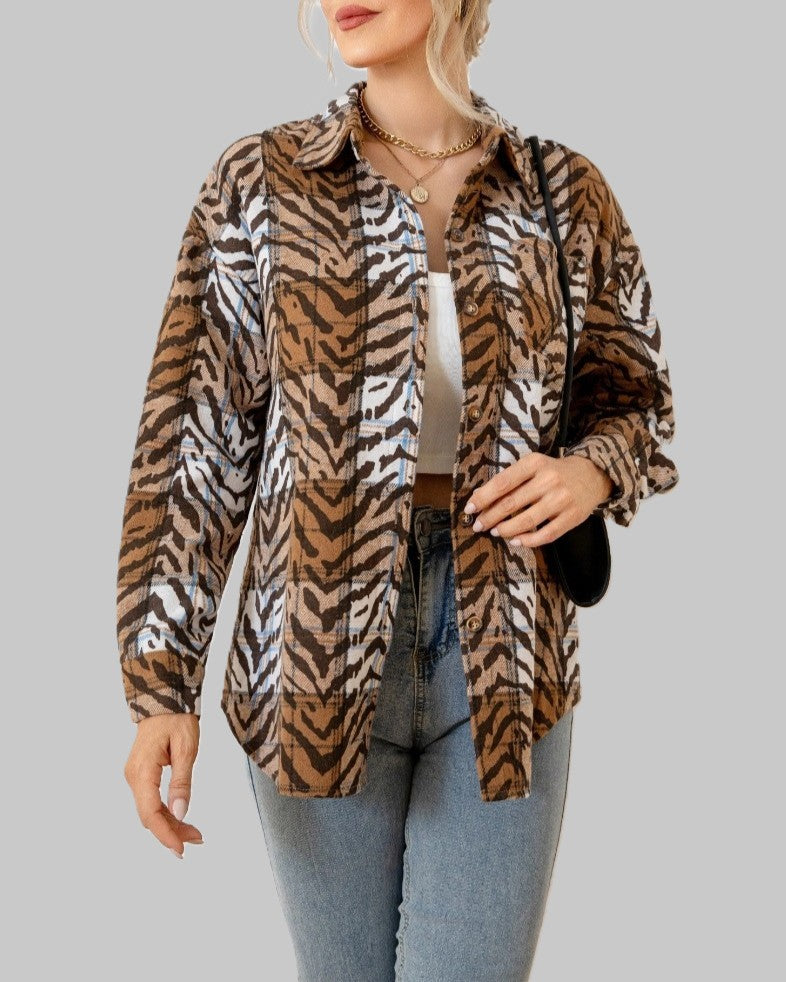 Animal Print Fleece Button Down Shirt - Khaki