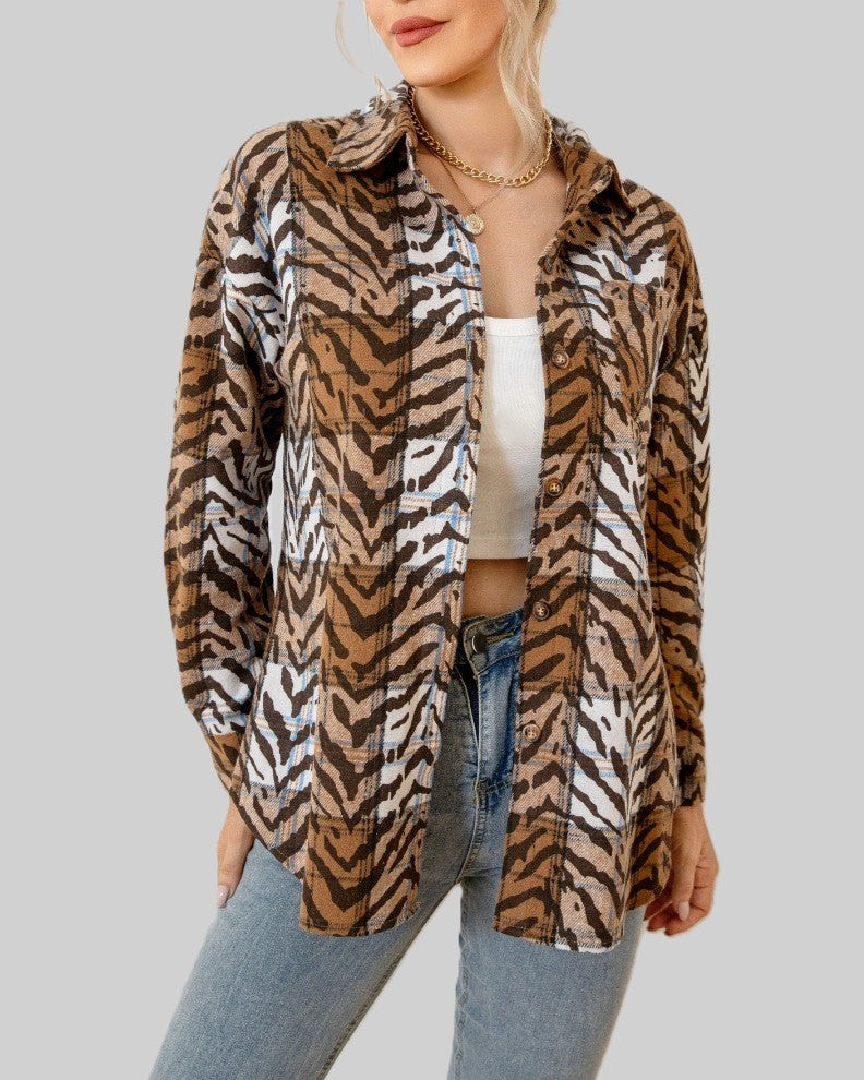 Animal Print Fleece Button Down Shirt - Khaki - 1