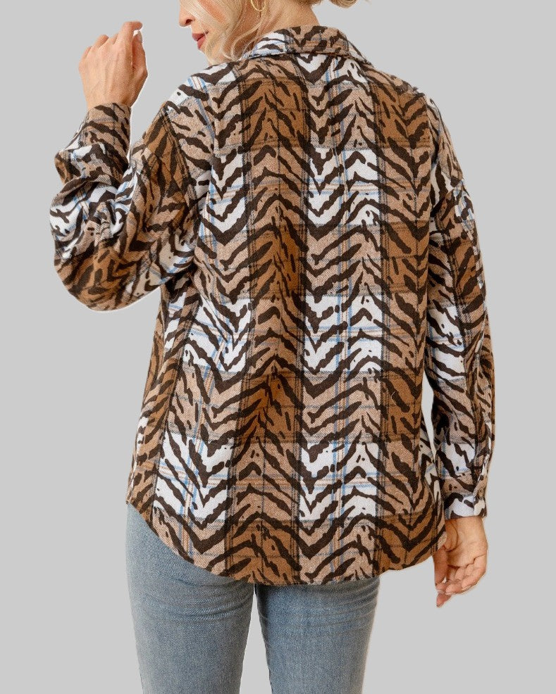 Animal Print Fleece Button Down Shirt - Khaki - 2