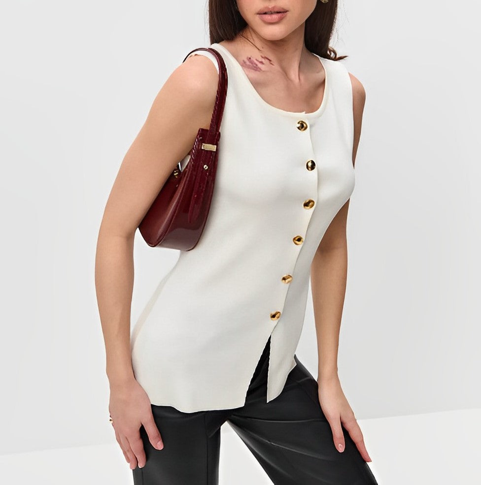 Buttoned Split Front Sleeveless Longline Top - White