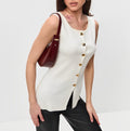 Buttoned Split Front Sleeveless Longline Top - White