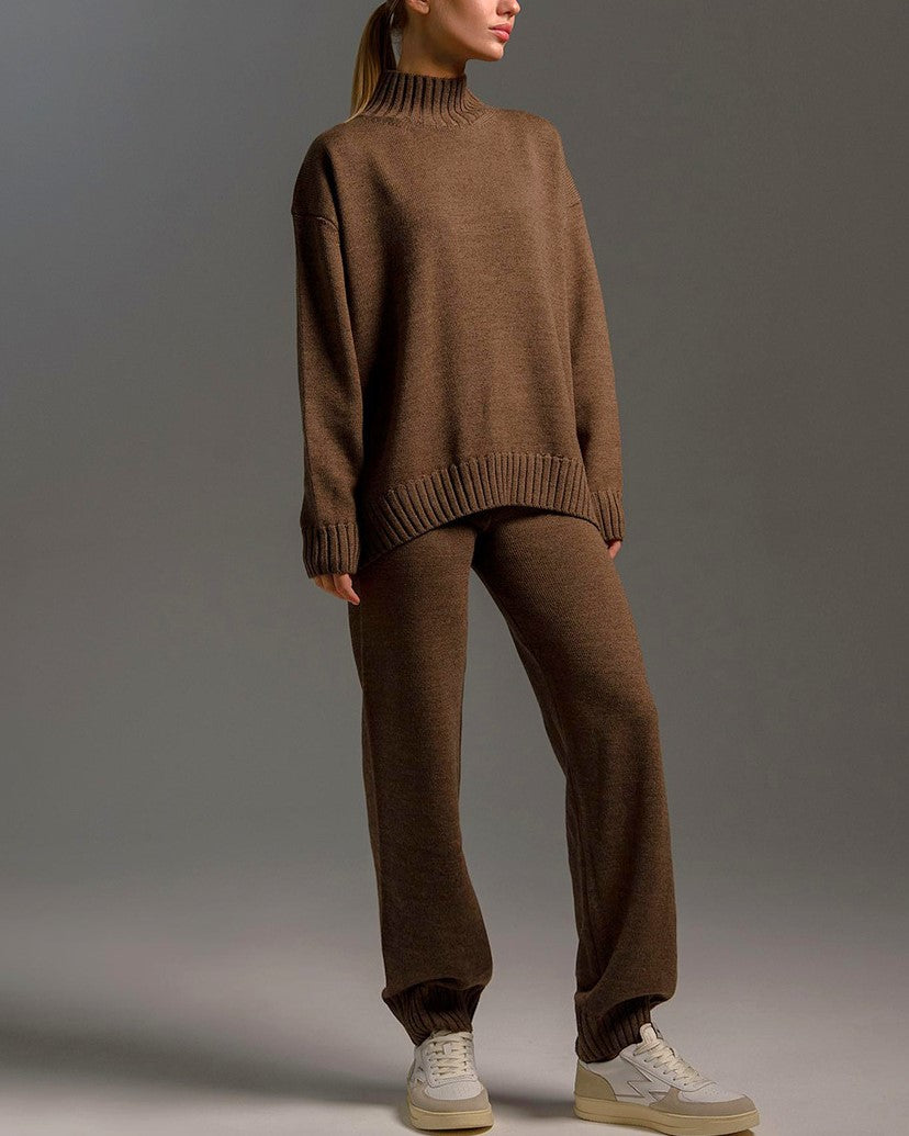Turtleneck Knit Sweater And Trouser Set - Brown