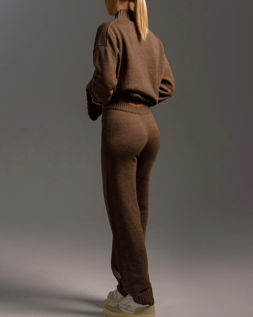 Turtleneck Knit Sweater And Trouser Set - Brown - 1